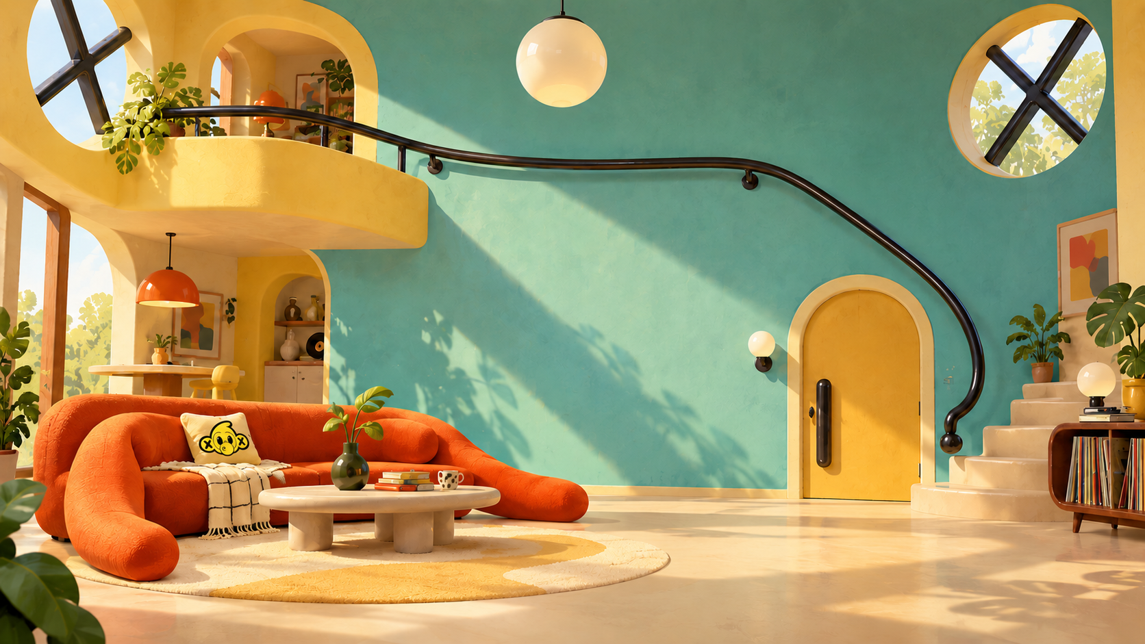 A sunny teal and yellow Chumpys home with an orange sofa and a Chumpy-face pillow