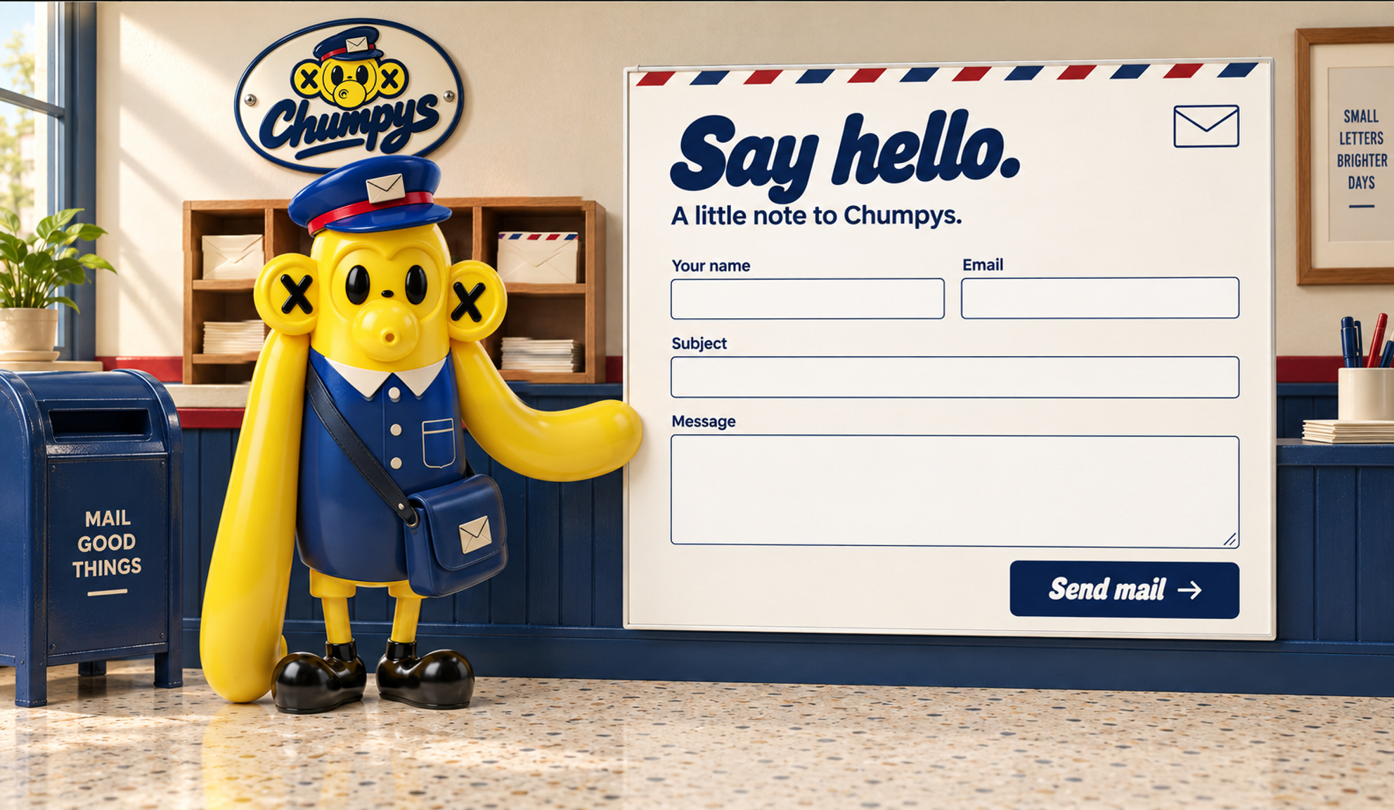 Postman Chumpy welcomes visitors into the Chumpys postal room